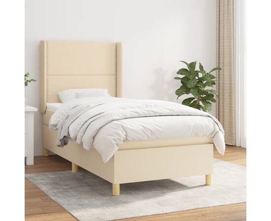 Pat box spring cu saltea, crem, 90x190 cm, textil