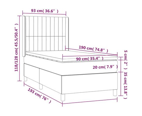 Pat box spring cu saltea, gri închis, 90x190 cm, textil, 7 image