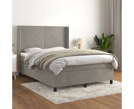 Pat box spring cu saltea, gri deschis, 140x190 cm, catifea