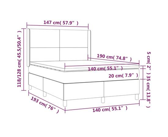 Pat box spring cu saltea, gri deschis, 140x190 cm, catifea, 7 image