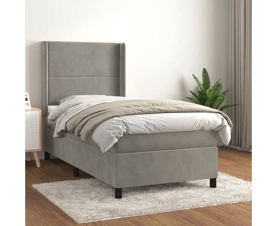 Pat box spring cu saltea, gri deschis, 90x200 cm, catifea