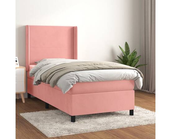 Pat box spring cu saltea, roz, 100x200 cm, catifea