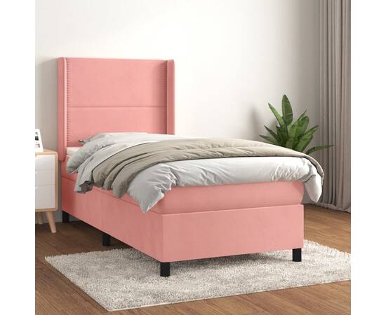 Pat box spring cu saltea, roz, 90x200 cm, catifea