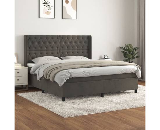 Pat box spring cu saltea, gri închis, 160x200 cm, catifea