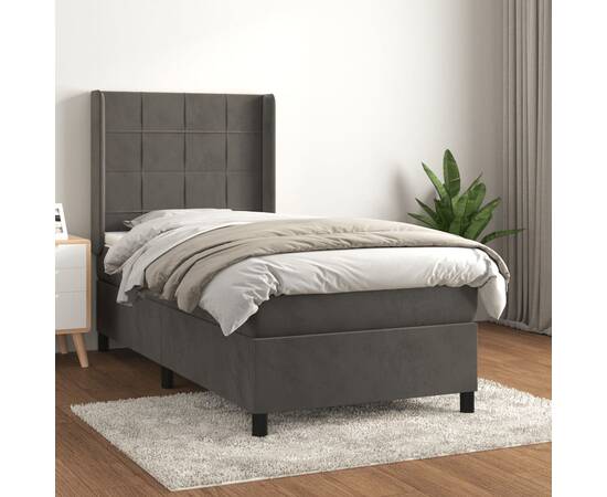 Pat box spring cu saltea, gri închis, 90x200 cm, catifea