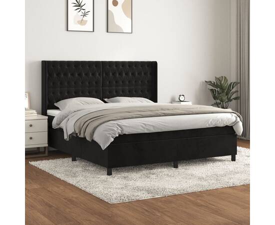 Pat box spring cu saltea, negru, 180x200 cm, catifea