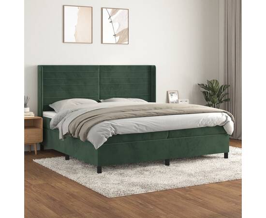 Pat box spring cu saltea, verde închis, 200x200 cm, catifea