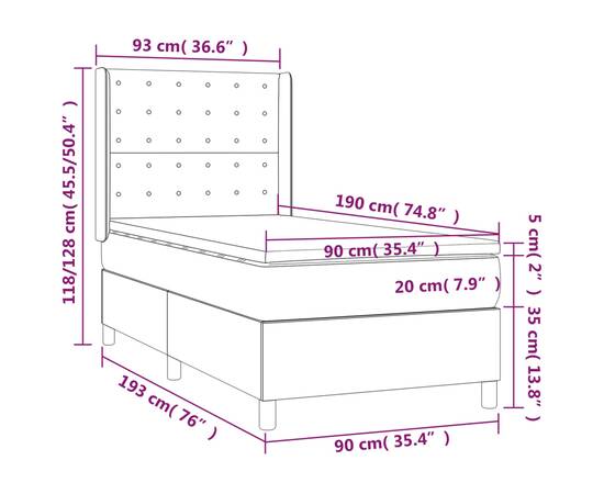 Pat box spring cu saltea, gri închis, 90x190 cm, catifea, 7 image