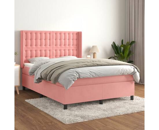 Pat box spring cu saltea, roz, 140x190 cm, catifea