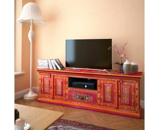 Comodă tv, lemn masiv de mango, pictată manual, roz, 6 image