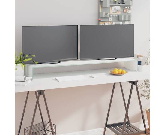 Stand tv/suport monitor, sticlă, alb, 120x30x13 cm