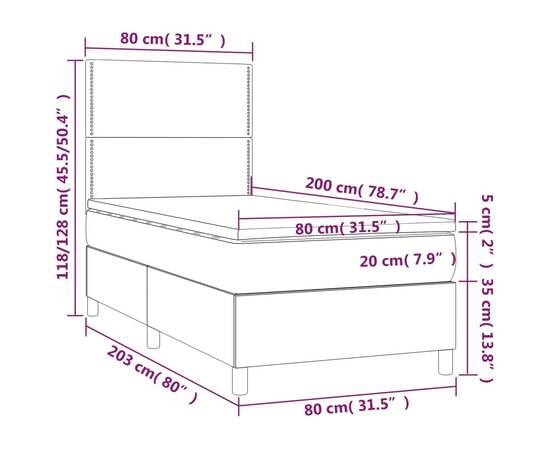 Pat box spring cu saltea, gri închis, 80x200 cm, catifea, 6 image