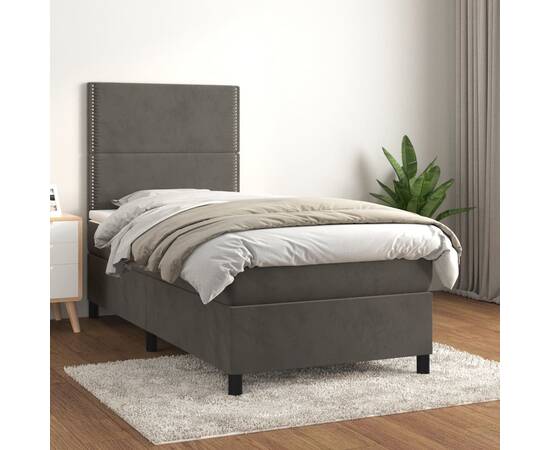 Pat box spring cu saltea, gri închis, 80x200 cm, catifea