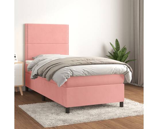 Pat box spring cu saltea, roz, 90x200 cm, catifea