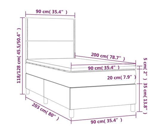 Pat box spring cu saltea, roz, 90x200 cm, catifea, 6 image