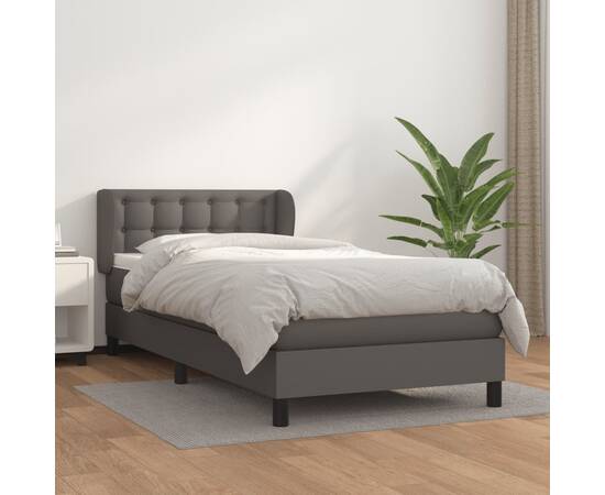 Pat box spring cu saltea, gri, 90x200 cm, piele ecologică