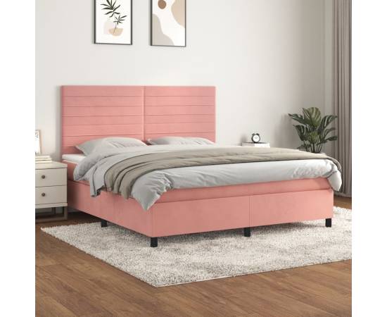 Pat box spring cu saltea, roz, 160x200 cm, catifea