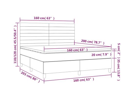 Pat box spring cu saltea, roz, 160x200 cm, catifea, 6 image