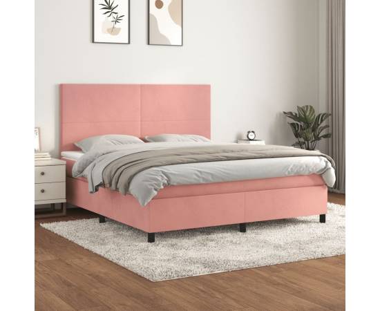 Pat box spring cu saltea, roz, 180x200 cm, catifea