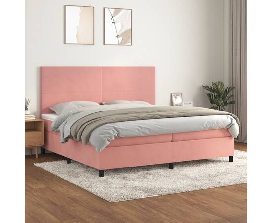 Pat box spring cu saltea, roz, 200x200 cm, catifea