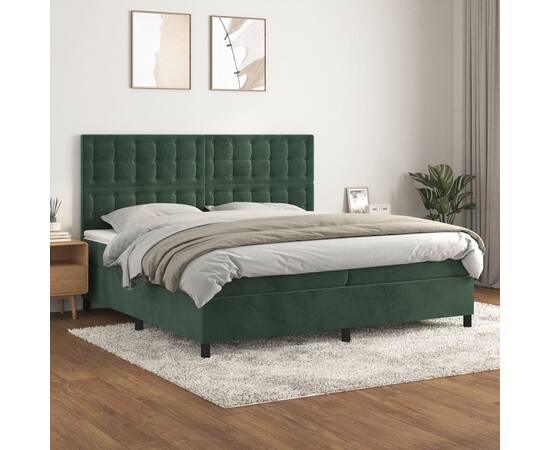 Pat box spring cu saltea, verde închis, 200x200 cm, catifea