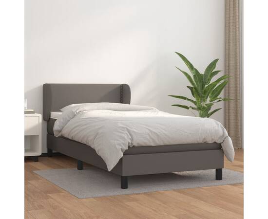 Pat box spring cu saltea, gri, 90x190 cm, piele ecologică