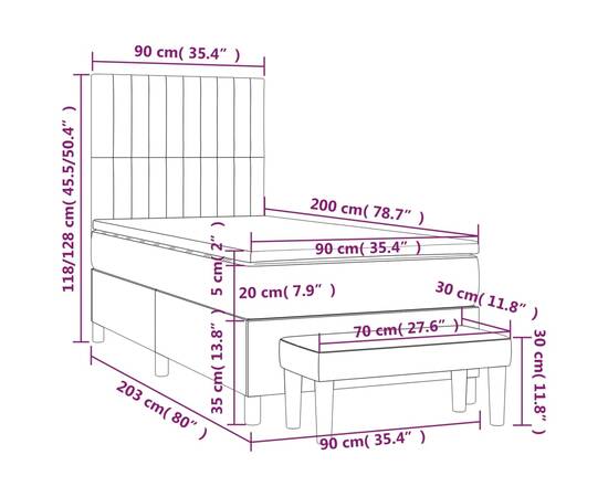 Pat box spring cu saltea, gri deschis, 90x200 cm, catifea, 8 image