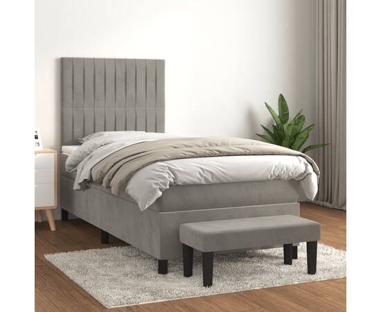 Pat box spring cu saltea, gri deschis, 90x200 cm, catifea