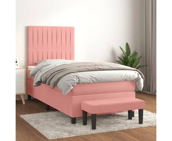 Pat box spring cu saltea, roz, 90x200 cm, catifea