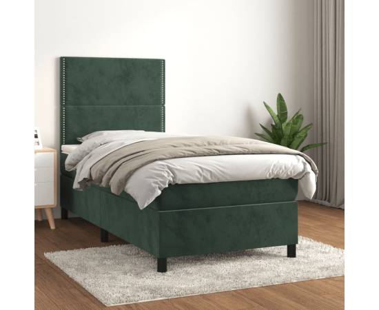 Pat box spring cu saltea, verde închis, 90x190 cm, catifea