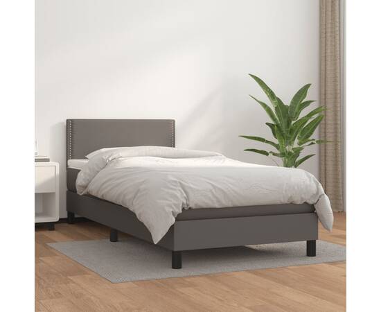 Pat box spring cu saltea, gri, 90x200 cm, piele ecologică