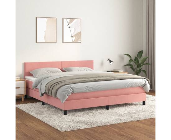 Pat box spring cu saltea, roz, 180x200 cm, catifea