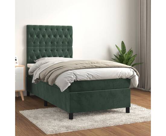 Pat box spring cu saltea, verde închis, 90x190 cm, catifea