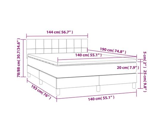 Pat box spring cu saltea, gri deschis, 140x190 cm, catifea, 7 image