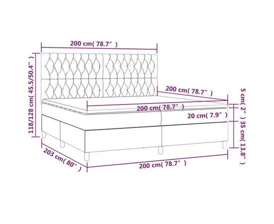 Pat box spring cu saltea, gri închis, 200x200 cm, textil, 6 image