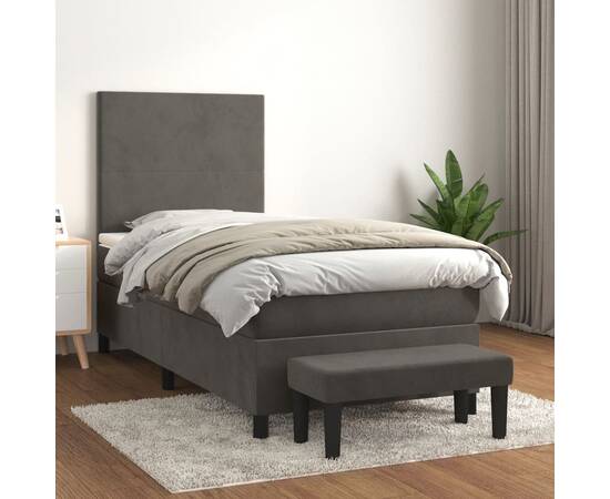 Pat box spring cu saltea, gri închis, 90x190 cm, catifea