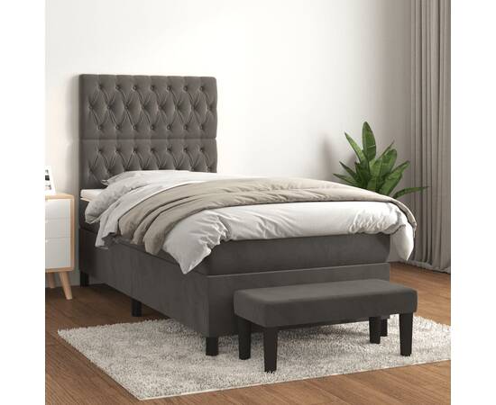 Pat box spring cu saltea, gri închis, 90x190 cm, catifea