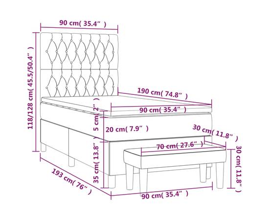 Pat box spring cu saltea, gri închis, 90x190 cm, catifea, 8 image