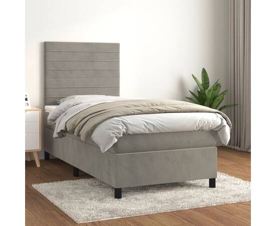 Pat box spring cu saltea, gri deschis, 80x200 cm, catifea