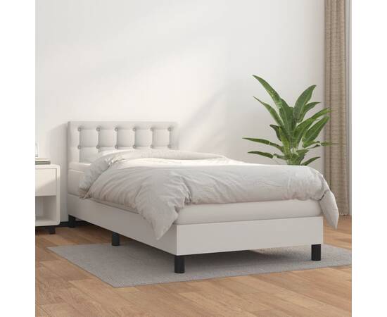 Pat box spring cu saltea, alb, 90x200 cm, piele ecologică