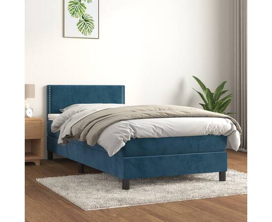 Pat box spring cu saltea, albastru închis, 90x200 cm, catifea