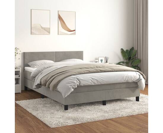 Pat box spring cu saltea, gri deschis, 140x190 cm, catifea