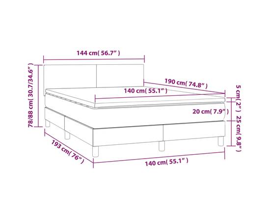 Pat box spring cu saltea, gri deschis, 140x190 cm, catifea, 7 image