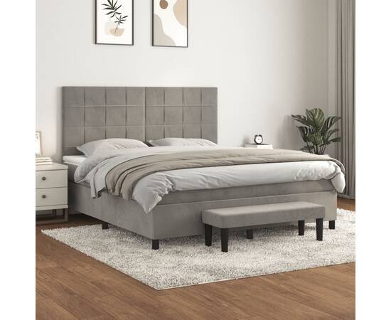 Pat box spring cu saltea, gri deschis, 180x200 cm, catifea