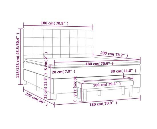 Pat box spring cu saltea, gri deschis, 180x200 cm, catifea, 8 image