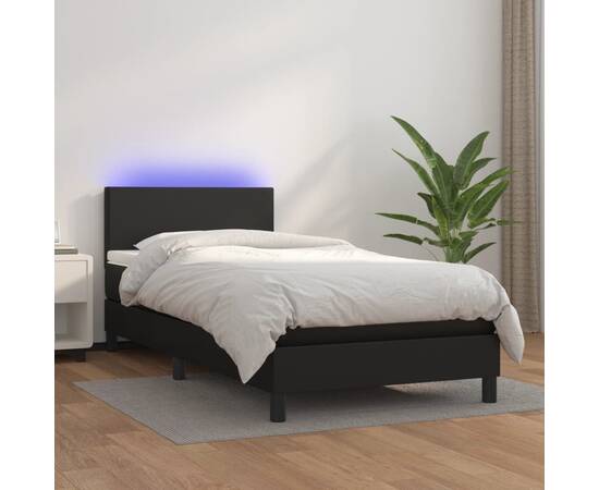 Pat continental cu saltea & led, negru, 80x200 cm, piele eco