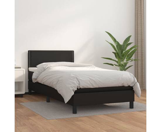 Pat box spring cu saltea, negru, 90x200 cm, piele ecologică