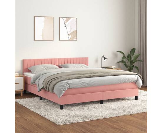 Pat box spring cu saltea, roz, 160x200 cm, catifea