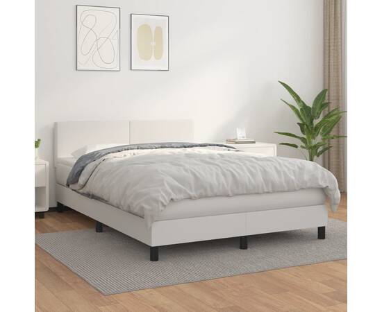 Pat box spring cu saltea, alb, 140x190 cm, piele ecologică