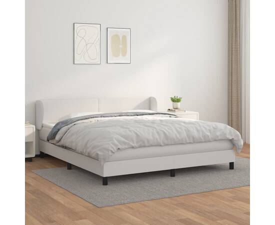 Pat box spring cu saltea, alb, 160x200 cm, piele ecologică